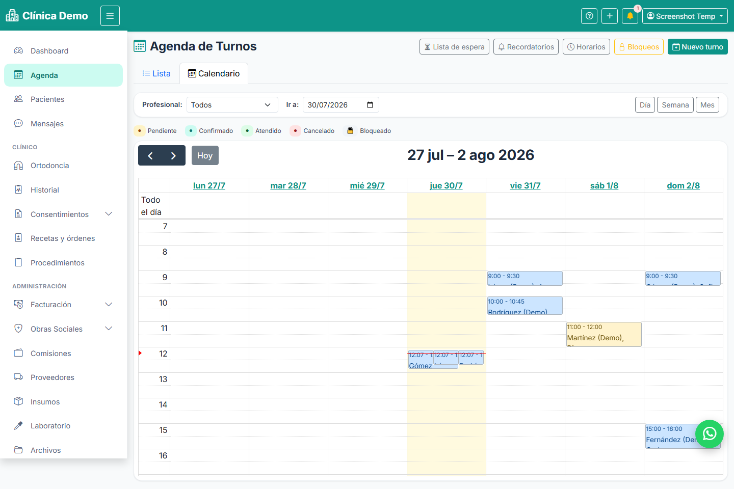 Agenda semanal de turnos de VecDent