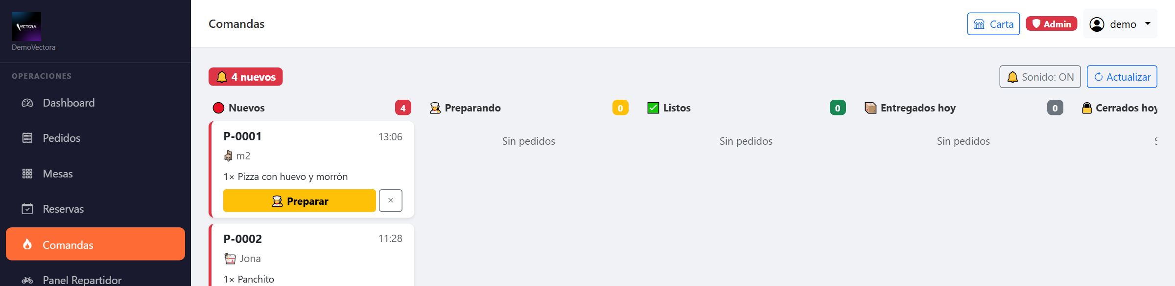 Panel de comandas de cocina de VecFood organizado en columnas por estado