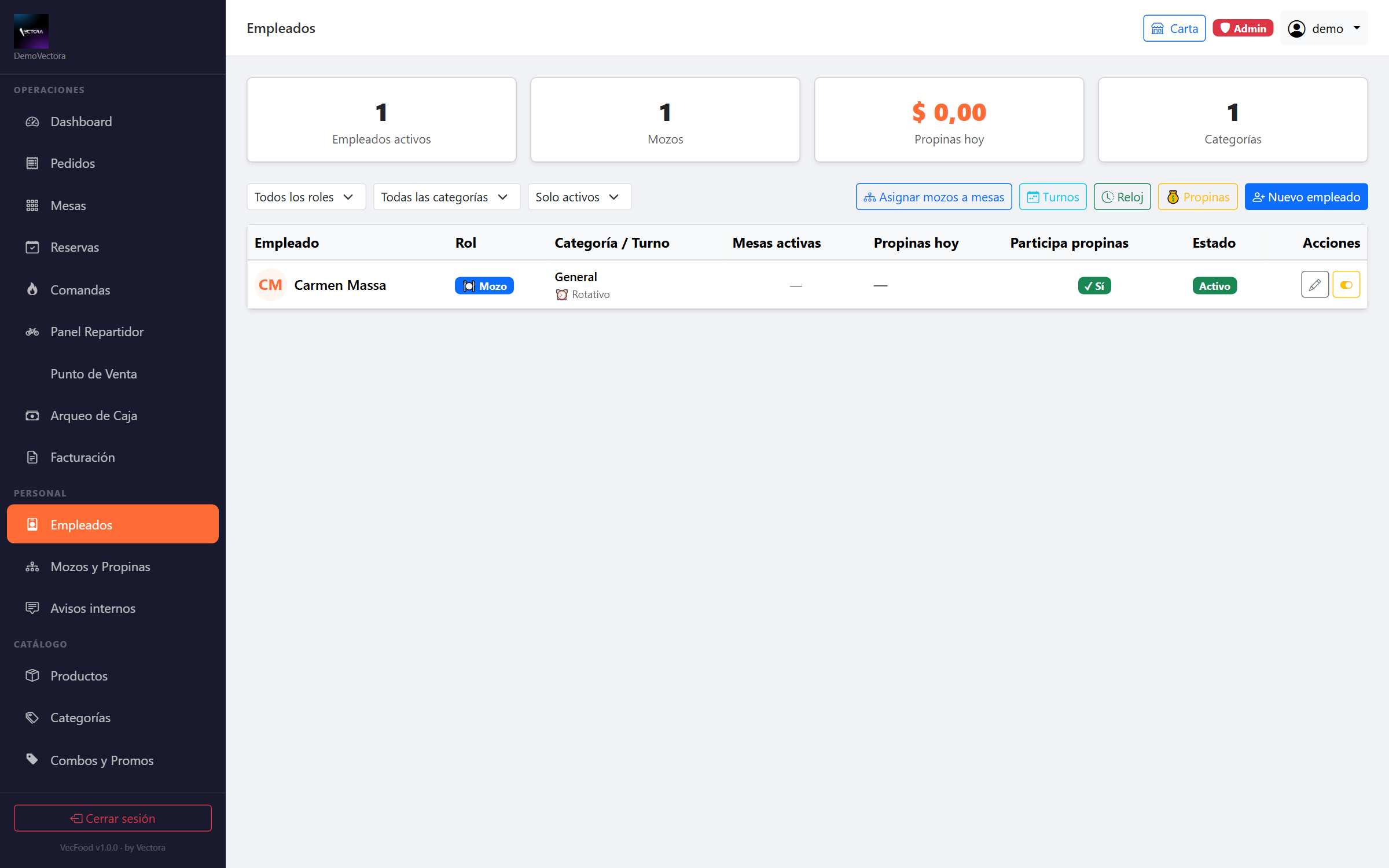 Gestión de empleados de VecFood con roles, turnos y propinas