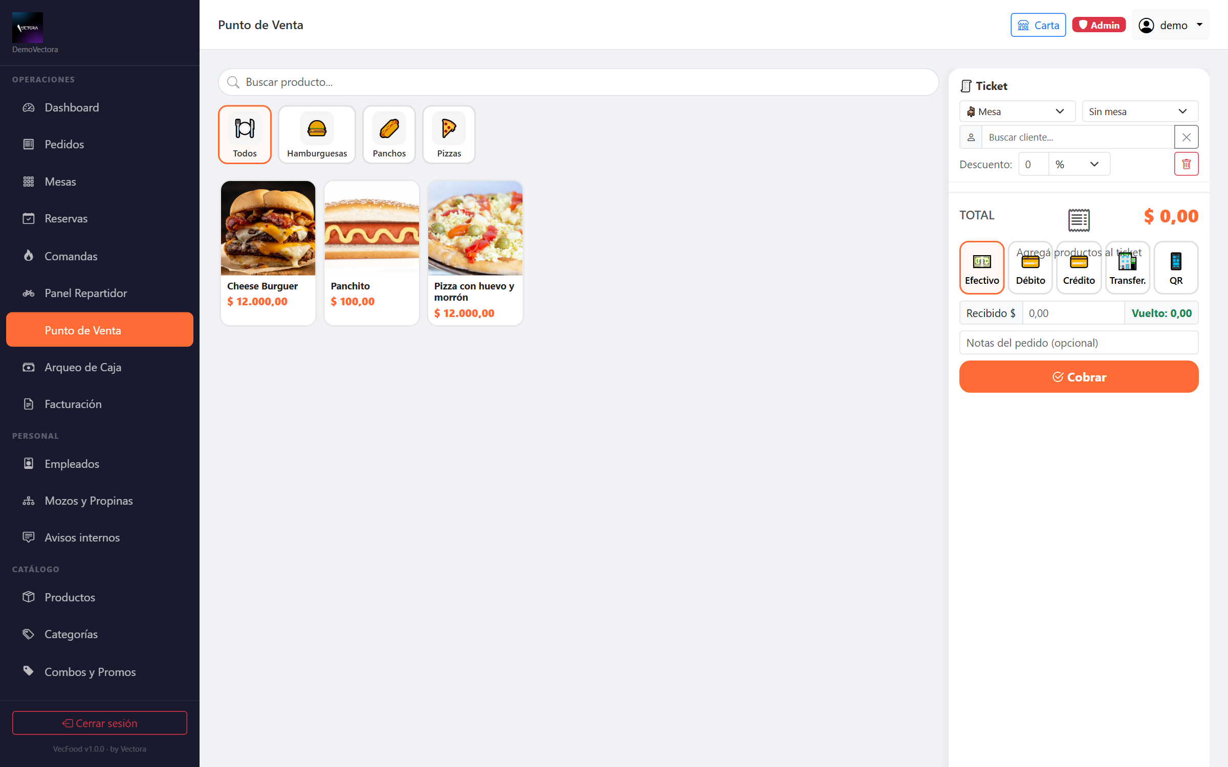 Punto de venta de VecFood, con catálogo de productos y ticket en tiempo real